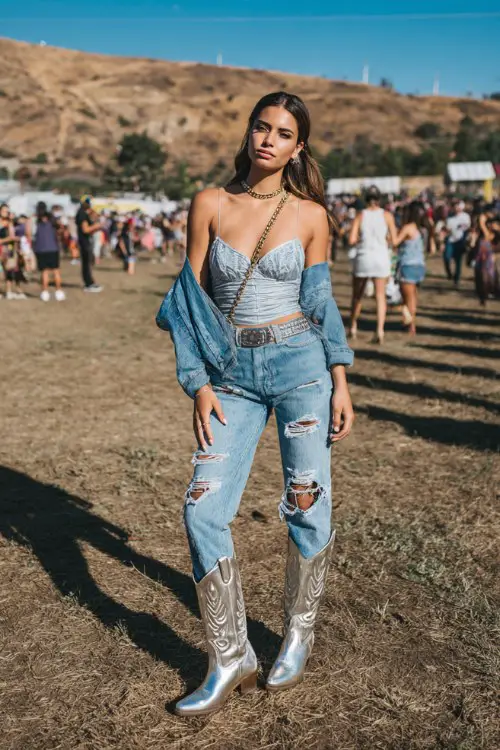 Woman in distressed jeans, cowboy boots, and a stylish blue top at outdoor festival.