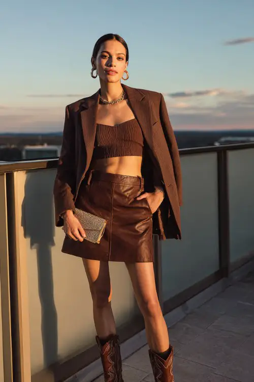 A woman wears rich brown cowboy boots with a sleek leather mini skirt, fitted ribbed crop top and oversized blazer draped over the shoulders