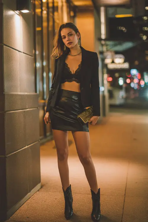 A woman wears sleek black cowboy boots with a fitted leather mini skirt, cropped blazer and lace camisole, accessorized with bold hoop earrings and a structured clutch