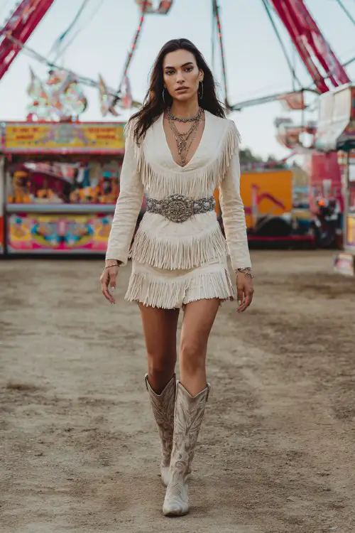 Boho western fashion shoot, woman in cream fringe mini dress with statement belt, layered necklaces, tall cowboy boots