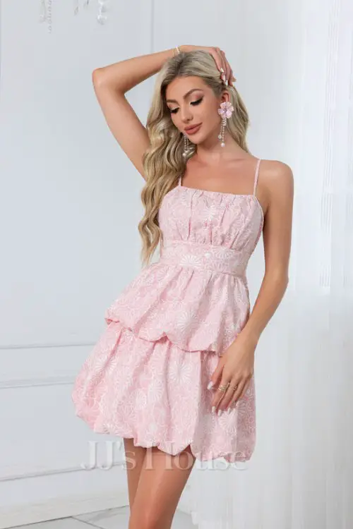 Bow Ruffle Square Spaghetti Straps A-line Jacquard Mini Dress