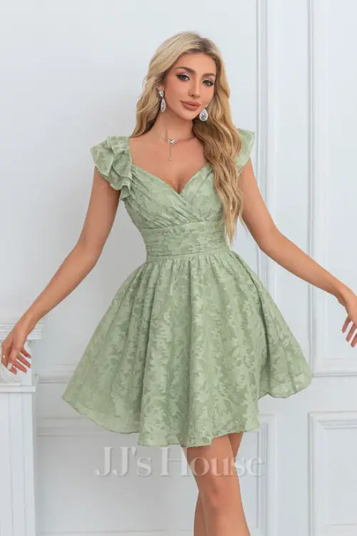 Bow V-Neck Sleeveless A-line Chiffon Jacquard Mini Dress