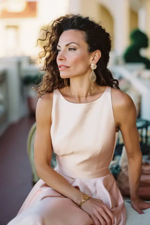 Curvy mature woman at spring wedding, sophisticated A-line dress, pastel color palette, refined accessories