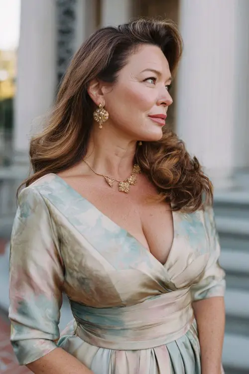 Curvy mature woman at spring wedding, sophisticated A-line dress, pastel color palette