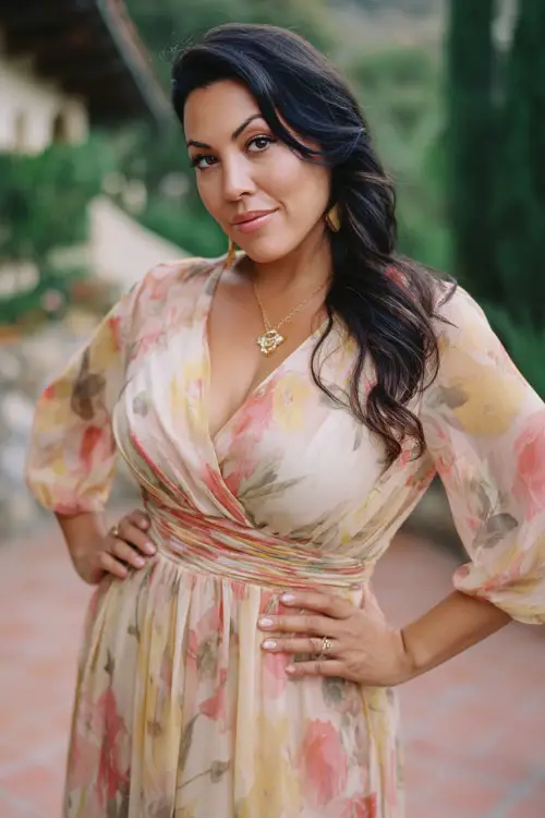 Curvy woman wearing elegant chiffon spring wedding guest dress, romantic floral print, tasteful jewelry