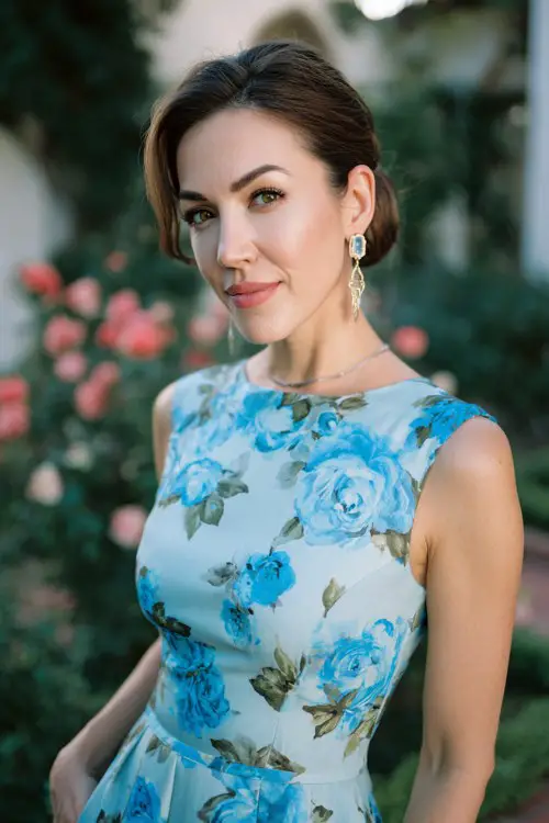Elegant full body garden wedding guest outfit, woman in her late 30s, chic blue floral midi dress, tasteful jewelry, polished hairstyle