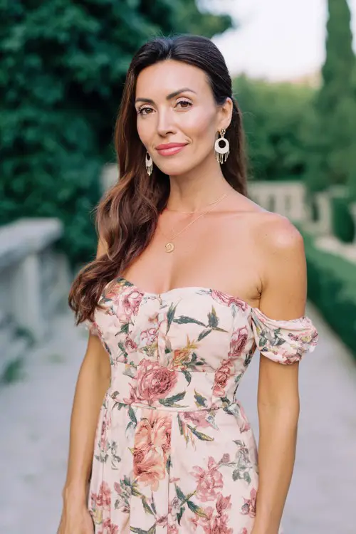 Elegant garden wedding guest outfit, woman in her late 30s, chic floral midi dress, tasteful jewelry, polished hairstyle