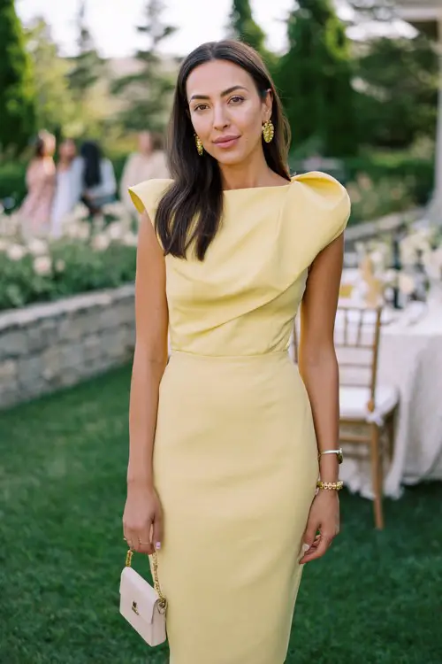 Elegant wedding guest outfit, woman in late 30s, buttercup yellow midi dress with sculptural neckline