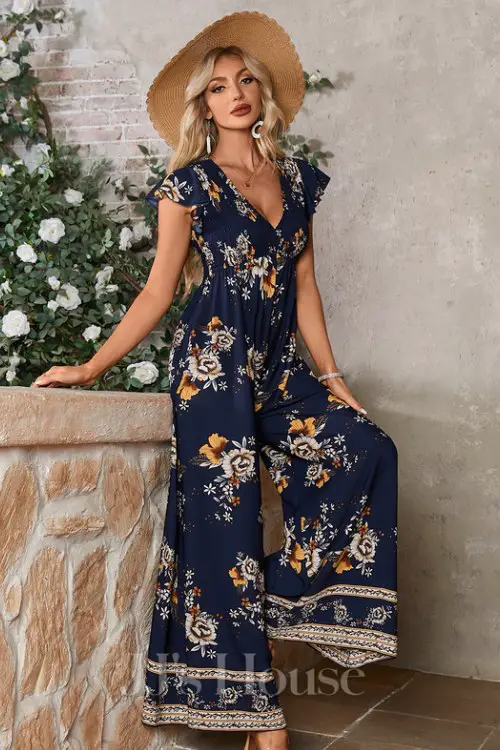 Floral Print V-Neck Short Sleeve Flutter Sleeve Printed Fabric Maxi Jumpsuits (1)