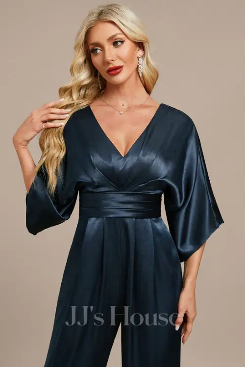 Jumpsuits V-Neck Floor-Length Stretch Satin Evening Dress With Pleated