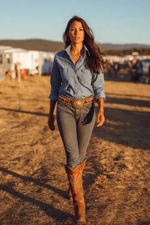 Modern cowgirl festival outfit, woman walking outdoors in denim button-up shirt tucked into fitted jeans, statement belt buckle, tall brown cowboy boots