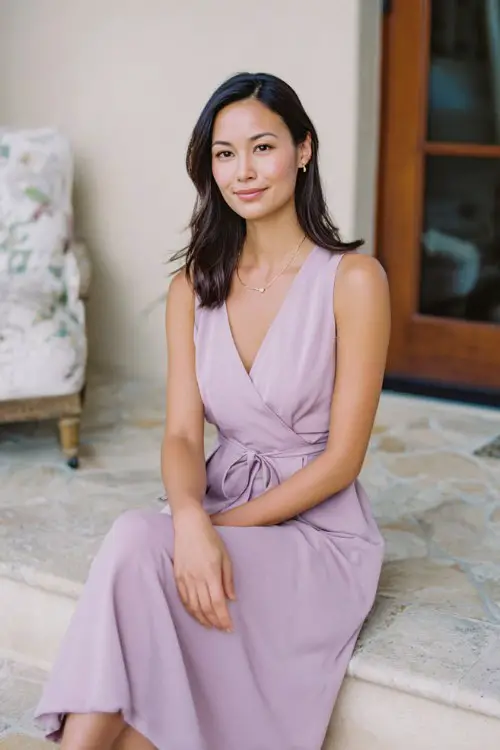 Petite woman in casual classy lilac spring wedding guest dress, tea-length, simple waist tie, outdoor wedding reception