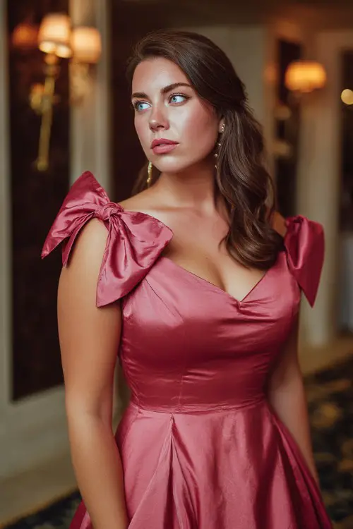Plus size elegant guest in deep rose pink A-line dress, satin sheen, dramatic bow shoulder detail