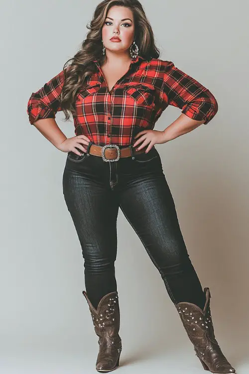 Plus-size woman in a flannel shirt tied at the waist, dark skinny jeans, and studded cowboy boots