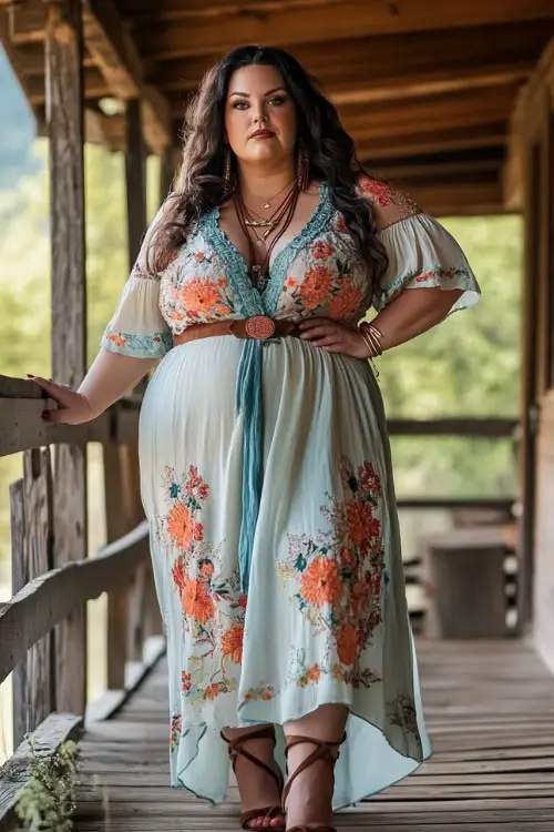 Plus-size woman in a flowy maxi dress with floral embroidery, cinched with a wide belt, paired with suede ankle booties 