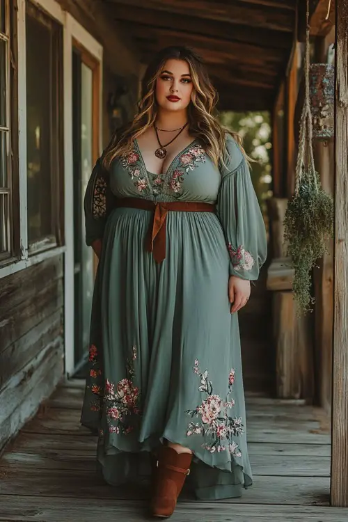 Plus-size woman in a flowy maxi dress with floral embroidery, cinched with a wide belt, paired with suede ankle booties