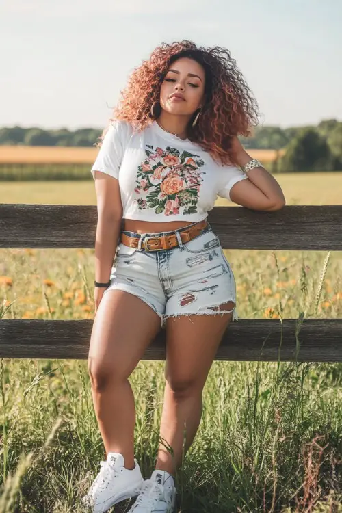 Plus-size woman in a knotted graphic tee with high-rise distressed denim shorts, accessorized with a leather belt and white sneakers
