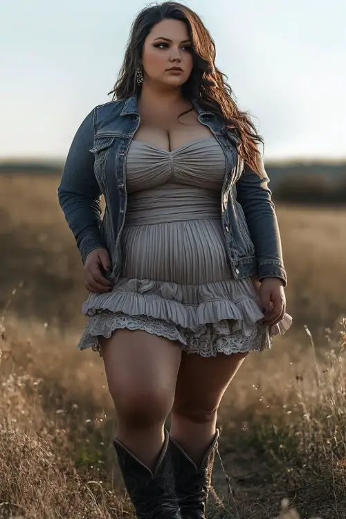 Plus-size woman in a trendy ruched dress with a cropped denim jacket and cowboy boots