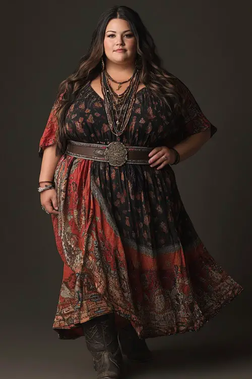 Plus-size woman wearing a flowy bohemian maxi dress with a western belt and cowboy boots