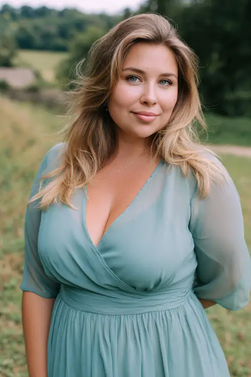 Plus size woman wearing soft teal chiffon midi dress, casual elegant styling, spring countryside wedding setting