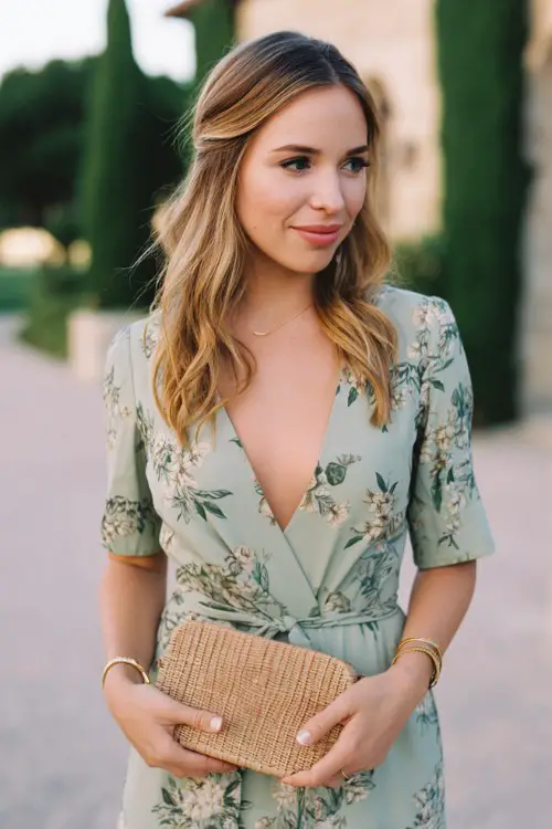 Relaxed classy spring wedding guest fashion, sage floral midi dress, woven clutch, garden ceremony setting