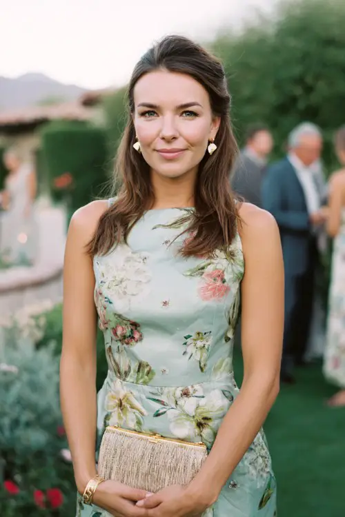 Relaxed classy spring wedding guest fashion, sage floral midi dress, woven clutch, garden ceremony setting