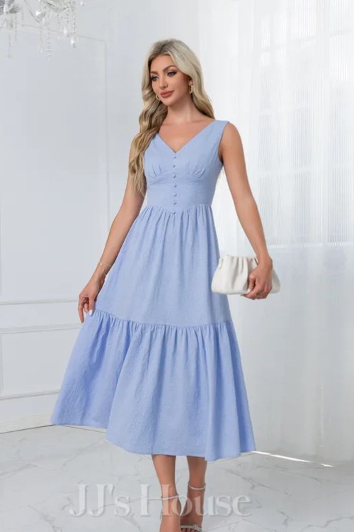 Ruched V-Neck Sleeveless A-line Cotton Blends Midi Dress