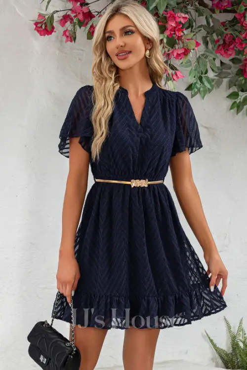 Ruffle V-Neck Short Sleeve A-line Chiffon Jacquard Mini Dress