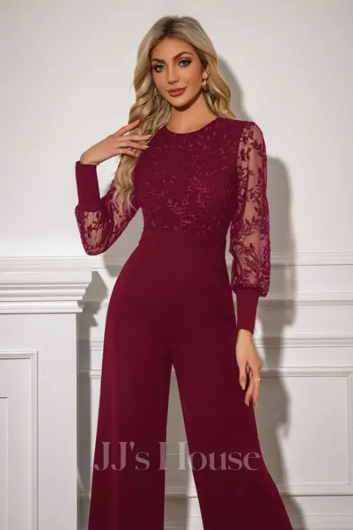 Scoop Long Sleeve Lace Tulle Stretch Crepe Maxi Jumpsuits