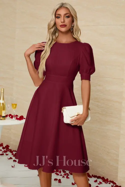 Scoop Short Sleeve A-line Stretch Crepe Midi Dress