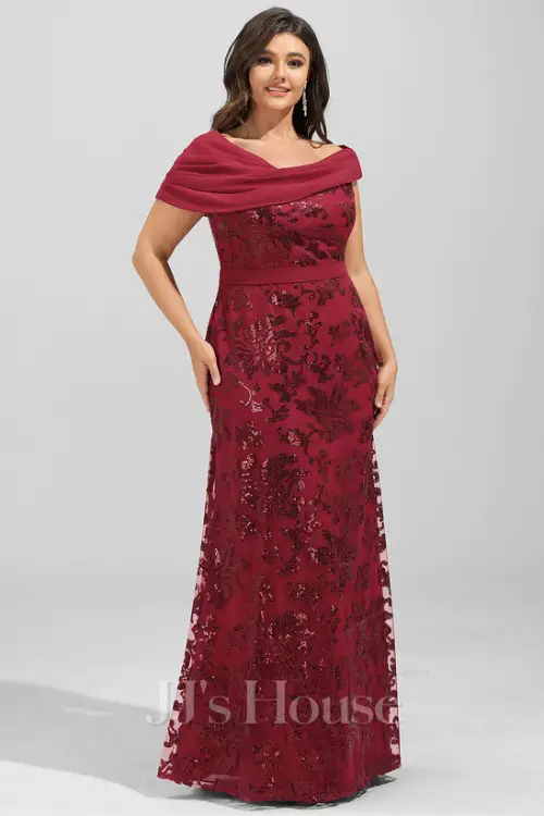 Sheath_Column Asymmetrical Floor-Length Lace Sequin Chiffon Evening Dress With Pleated