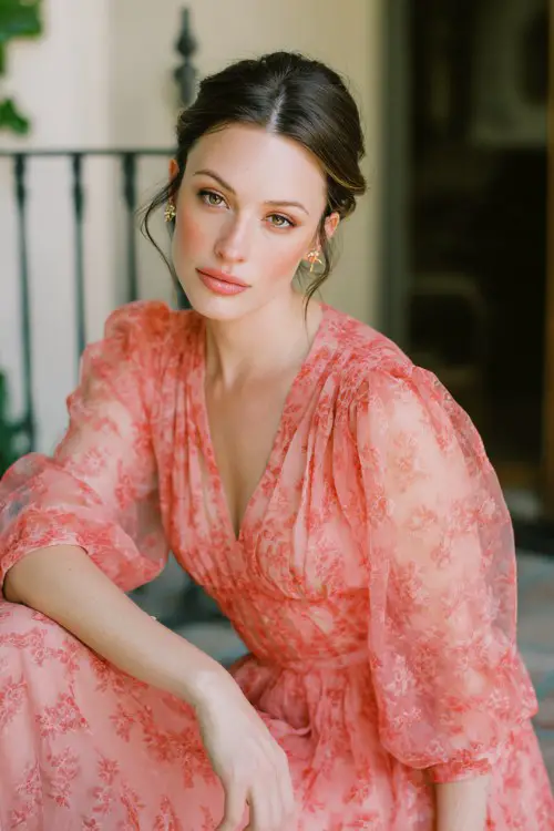 Sophisticated casual full body of a woman in spring wedding outfit, coral pink flowy midi dress, subtle floral pattern