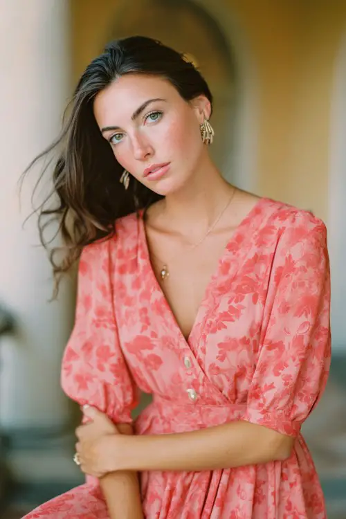 Sophisticated casual full body of a woman in spring wedding outfit, coral pink flowy midi dress, subtle floral pattern