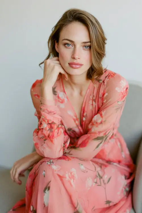 Sophisticated casual spring wedding outfit, coral pink flowy midi dress, subtle floral pattern, garden party wedding vibe