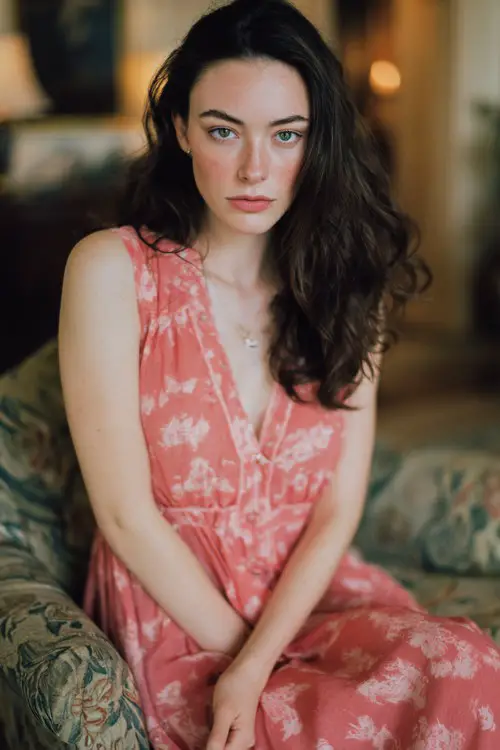 Sophisticated casual spring wedding outfit, coral pink flowy midi dress, subtle floral pattern, garden party wedding vibe