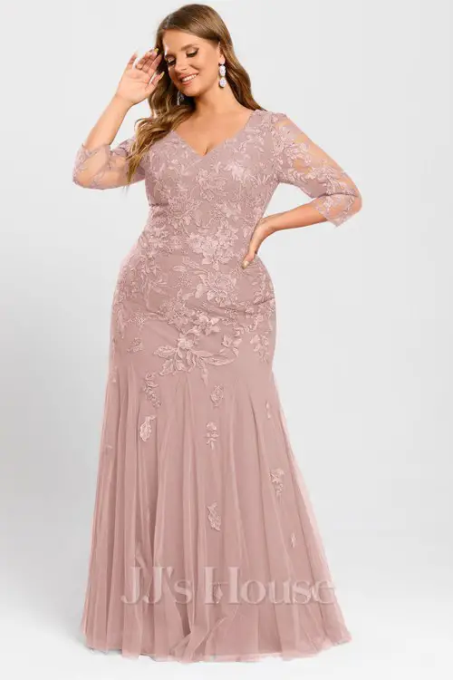 TrumpetMermaid V-Neck Floor-Length Tulle Lace Evening Dress With Sequins