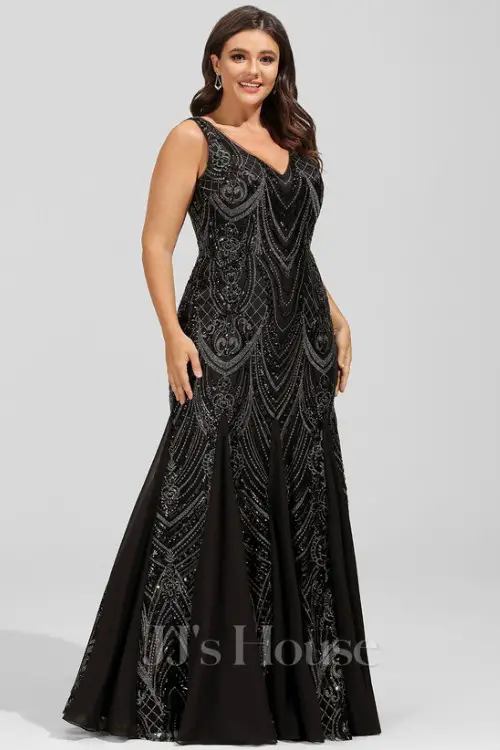 Trumpet_Mermaid V-Neck Floor-Length Chiffon Sequin Evening Dress