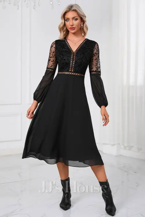 V-Neck Long Sleeve A-line Chiffon Lace Midi Dress