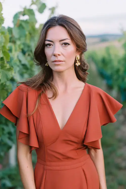 Woman over 40 in rich terracotta midi dress, structured waist, elegant flutter sleeves, spring vineyard wedding background