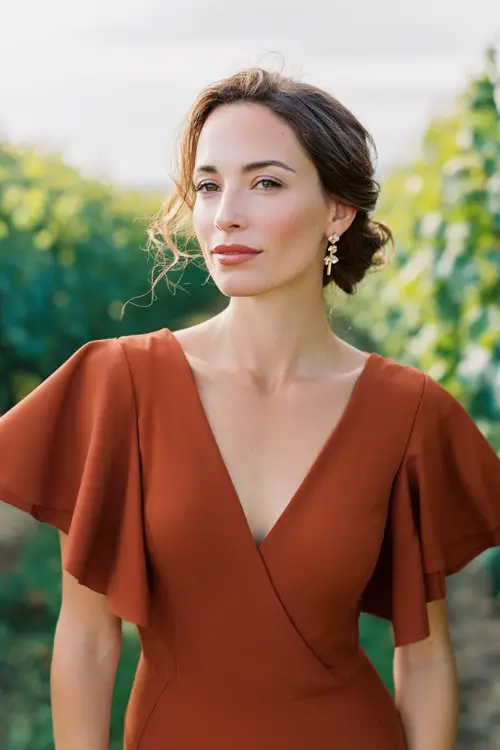 Woman over 40 in rich terracotta midi dress, structured waist, elegant flutter sleeves, spring vineyard wedding background