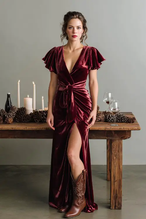 a petite woman in a wine-red velvet wrap gown with flutter sleeves and a train, styled with chocolate brown cowboy boots