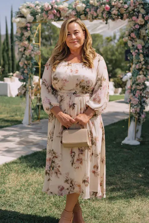a plus-size woman over 50 wears a floral midi dress with a fitted bodice and flowy skirt, styled with block-heel sandals and a neutral clutch