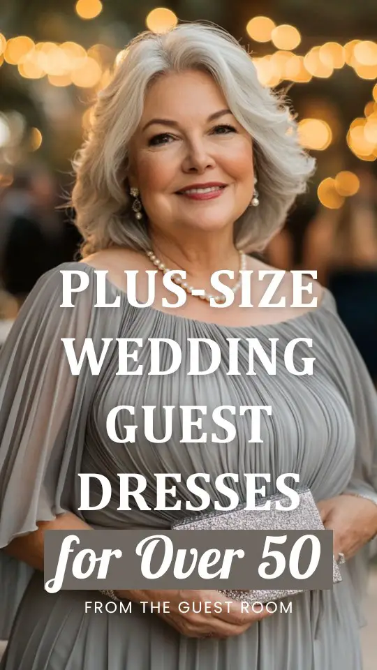 a plus size woman over 50 wears a gray pleated wedding guest dress
