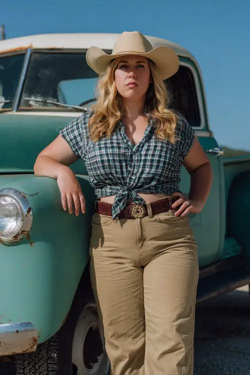a plus size woman wears a blue crop shirt with beige pants and a cowboy hat