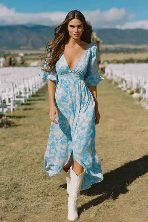 a woman in a sky blue floral boho maxi dress with flutter sleeves and a plunging neckline, styled with ivory cowboy boots