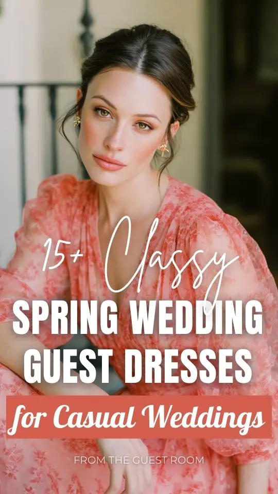a woman in classy spring wedding guest dress for a casual wedding