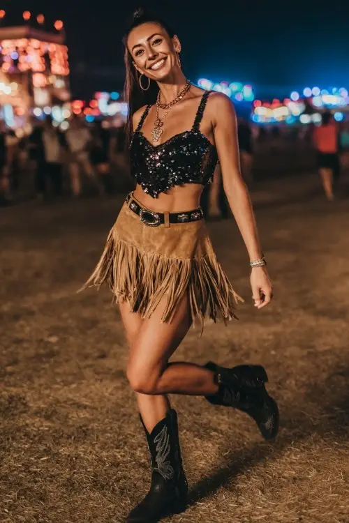 a woman wears a baddie black cowboy boots with a black crop top and a fringe skirt for concert