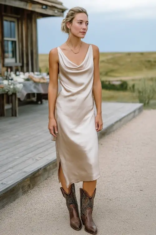 a woman wears a champange guest dress with cowboy boots for wedding