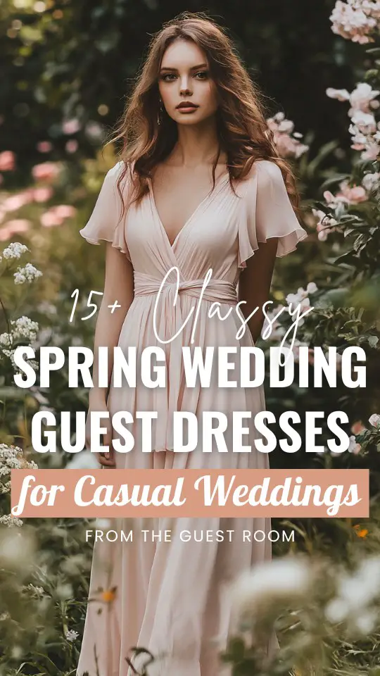 a woman wears a classy wedding guest dress for casual wedding in spring