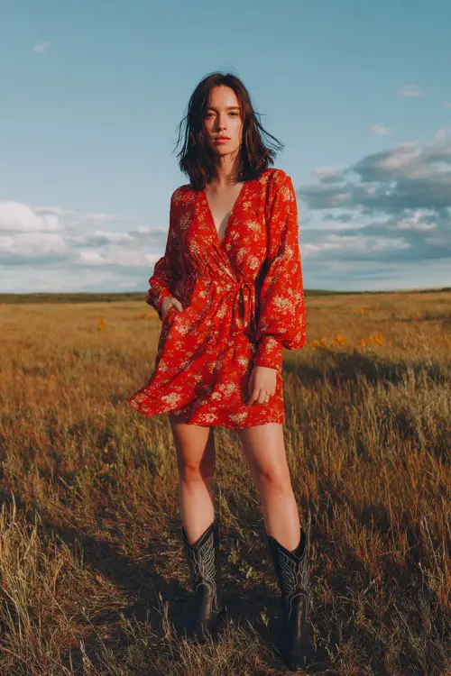 a woman wears a red floral dress with short black cowboy boots on the field